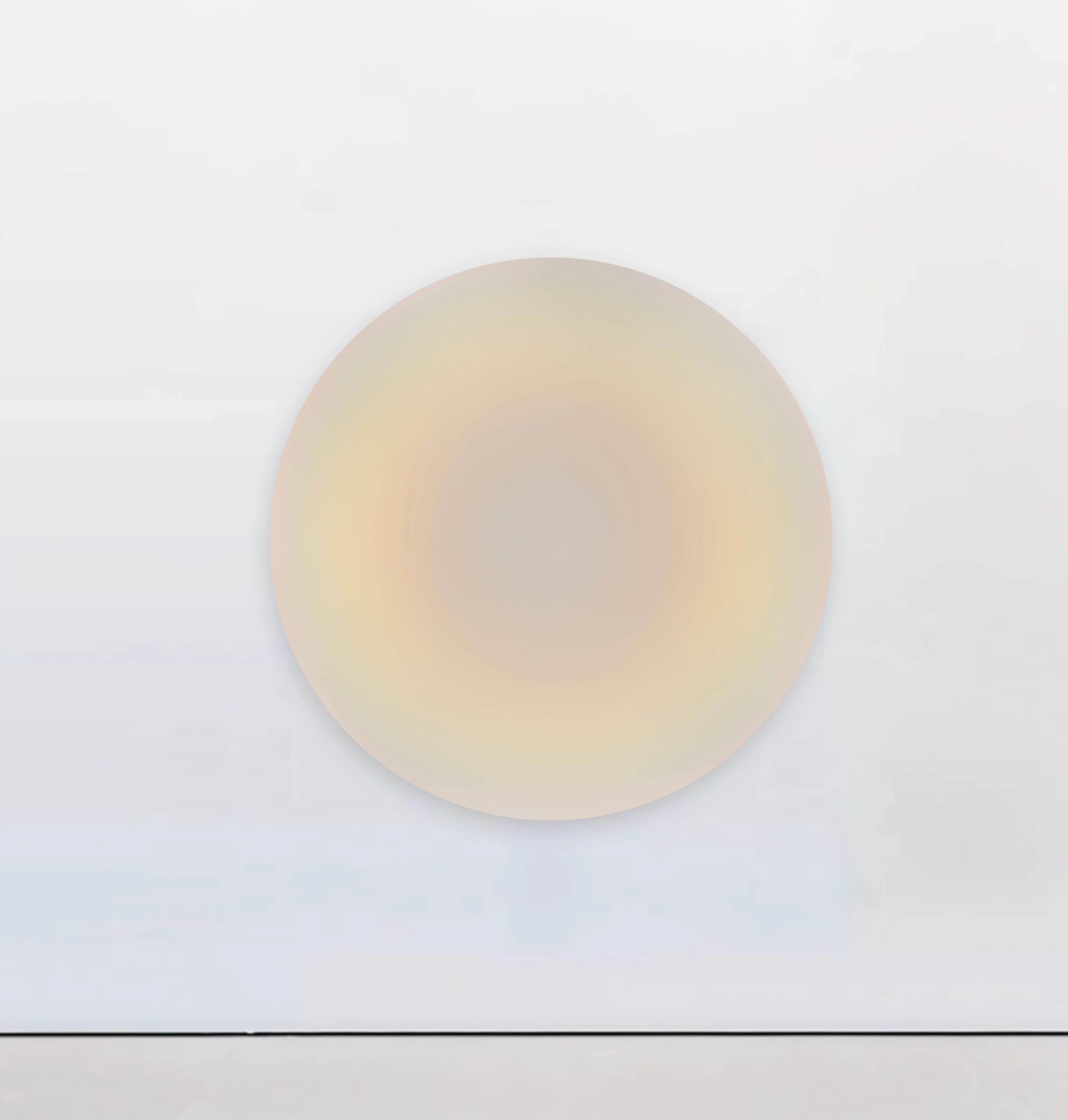 A circular painting in soft pearl tones, warm cream and pale rose diffusing outward from a barely visible centre.