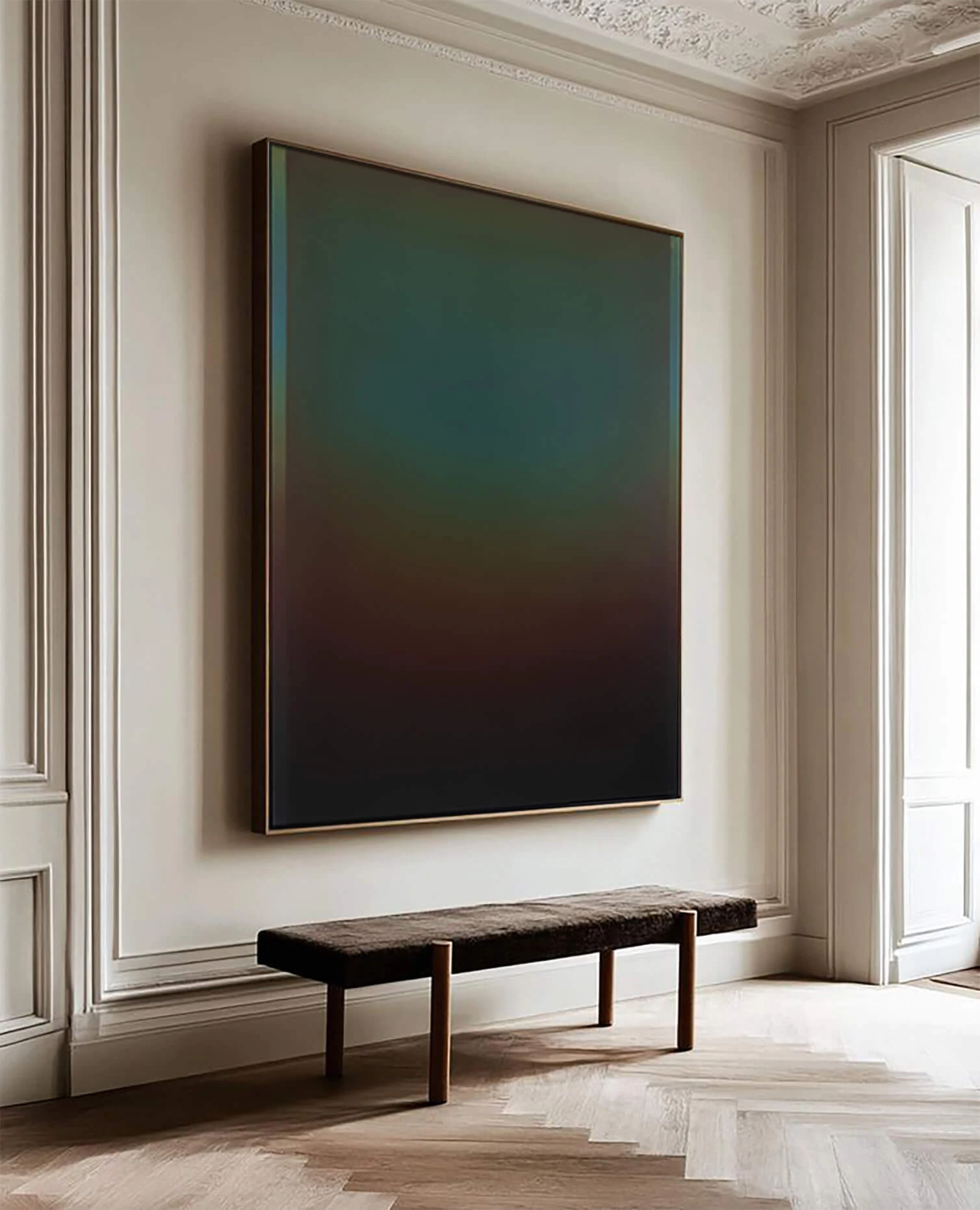 A large dark painting in a panelled room above a low bench, its surface shifting quietly from green through brown to black.