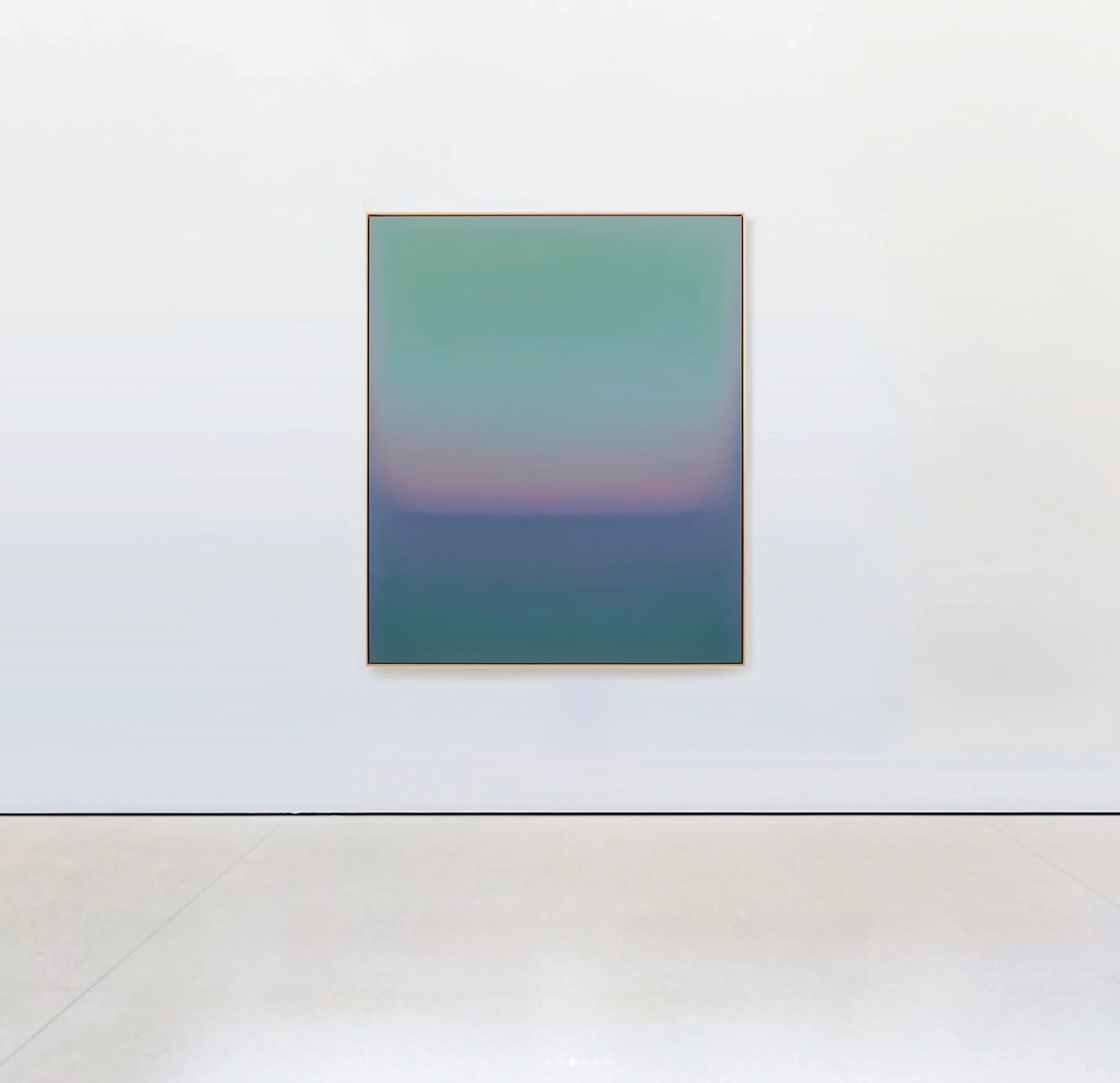 A framed painting moving from soft green at the top through a mauve horizon into dark teal below.